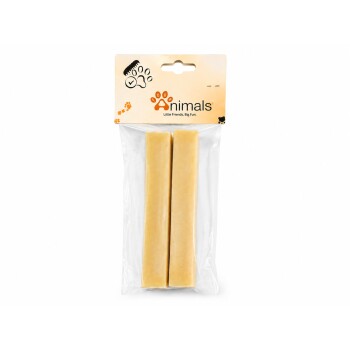 Zwei gelbe Hundekausticks in einem klaren Plastikbeutel mit orangefarbener Kopfkarte mit der Aufschrift "animals" und "Little Friends, Big Fun"
