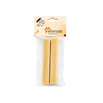 Zwei gelbe Hundekausticks in einem klaren Plastikbeutel mit orangefarbener Kopfkarte mit der Aufschrift "animals" und "Little Friends, Big Fun"