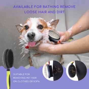 Ein glücklicher Hund wird gebadet, während eine Person mit einer Bürste loses Haar und Schmutz entfernt, ideal für Tierhaare auf Kleidung und Sofas.