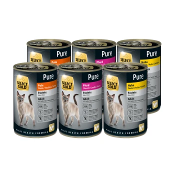 Sechs Dosen Select Gold Katzenfutter, beschriftet mit "Pure", mit Geschmacksrichtungen von Truthahn, Pferd und Huhn, mit Fokus auf Erwachsenenernährung.