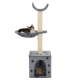 Ein grauer Katzenbaum mit zwei Ebenen, mit einer gemütlichen Hängematte oben und einer Höhle unten, mit zwei Katzen, die sich entspannen.