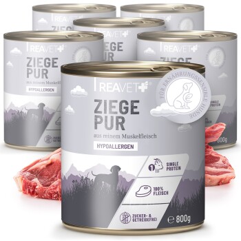 Dosen von REAVET Ziege Pur hypoallergenem Hundefutter mit Ziegenmuskelfleisch, Einzelprotein, zucker- und getreidefrei, 800g.