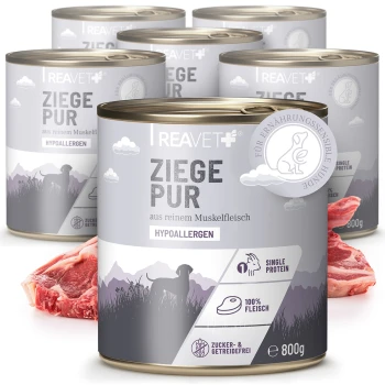 Dosen von REAVET Ziege Pur hypoallergenem Hundefutter mit Ziegenmuskelfleisch, Einzelprotein, zucker- und getreidefrei, 800g.