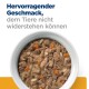 Eine weiße Schüssel mit feuchtem Haustierfutter mit Fleisch, Karotten und Erbsen, neben dem Text "Hervorragender Geschmack, dem Tiere nicht widerstehen können."