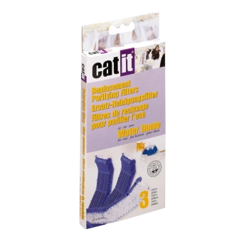 Catit Ersatzfilter zur Reinigung für den Water Dome, mit drei Filtern in einer lila Verpackung mit mehrsprachigem Text.