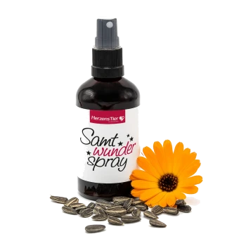 Dunkelbraune Sprühflasche mit der Aufschrift „HerzensTier Samt wunder spray“ mit Sonnenblumenkernen und einer orangefarbenen Blume auf weißem Hintergrund.
