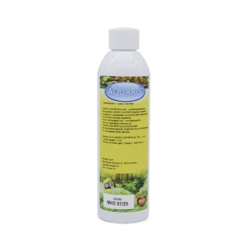 Flasche Aquaris Clear Water, mit einem gelben Etikett mit Produktdetails und Anweisungen, einschließlich Verwendung für Aquarien.