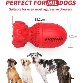 Rotes Gummihundespielzeug, das für aggressive Kauer entwickelt wurde, misst 15,2 cm x 7,2 cm, mit Bildern von vier verschiedenen Hunderassen darunter.