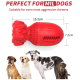 Rotes Gummihundespielzeug, das für aggressive Kauer entwickelt wurde, misst 15,2 cm x 7,2 cm, mit Bildern von vier verschiedenen Hunderassen darunter.