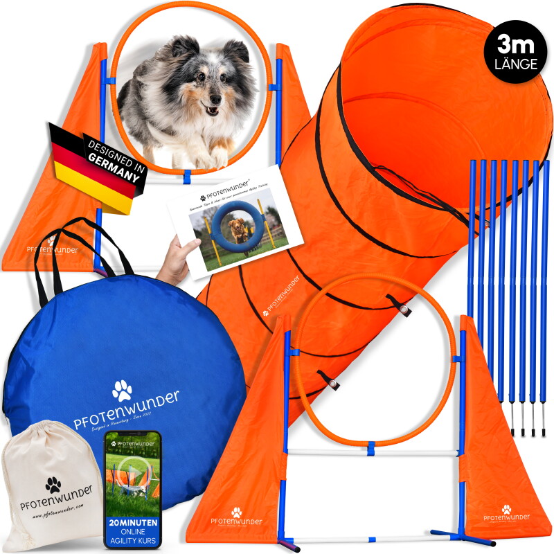 PfotenWunder® XXL-Profi-Agility Set Hunde Groß + 3 M-Tunnel + 21 Min. HUNDESCHULE - 6 Slalomstangen, für kleine & große Hunde-Training Sport...
