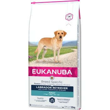 Trockenfutter Hund Specific Labrador Retriever Adult 12 kg Eukanuba Premium Trockenfutterbeutel für Labrador Retriever, mit einem gelben Labrador auf der Vorderseite, beschriftet mit "Adult" und "12kg."