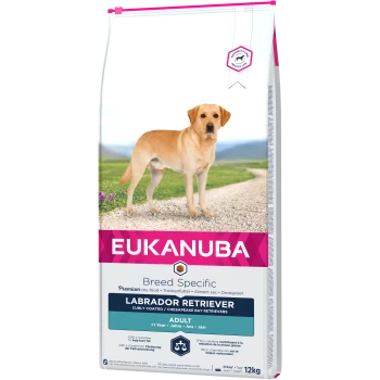 Eukanuba Premium Trockenfutterbeutel für Labrador Retriever, mit einem gelben Labrador auf der Vorderseite, beschriftet mit "Adult" und "12kg."