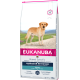 Sac de nourriture sèche premium Eukanuba pour Labrador Retrievers, avec un labrador jaune sur le devant, étiqueté "Adult" et "12kg."