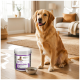 Golden retriever sitting by a jar labeled 'Support' and 'Vital Moor' with a bowl of supplement powder in a living room.