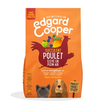 Sac de nourriture pour chiens avec la marque "Edgard Cooper", fond orange, illustrations de fruits et de poulet, et "Succulent Poulet Élevé en Plein Air."
