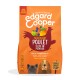 Sac de nourriture pour chiens avec la marque "Edgard Cooper", fond orange, illustrations de fruits et de poulet, et "Succulent Poulet Élevé en Plein Air."