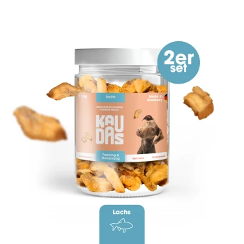 LachsPur Natursnack 2x110 g Hundeleckerlis in einem klaren Glas mit dem Etikett "KAUDAS" und einem Bild eines Hundes, mit "Lachs" und "Training & Belohnung".