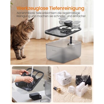 Katze neben zerlegtem Haustierbrunnen mit abnehmbaren Teilen, die abgespült werden; sichtbarer Text 'Werkzeuglose Tiefenreinigung'.