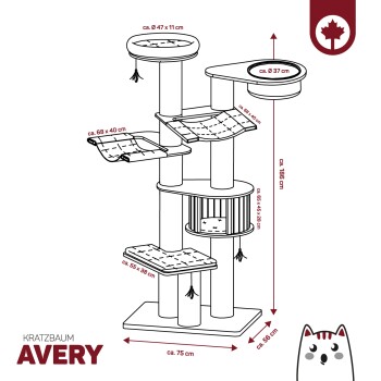 Diagramm des Avery Kratzbaums mit Maßen, einschließlich Plattformen, Hängematte und geschlossener Fläche, Höhe ca. 186 cm.