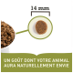 Gros plan sur des croquettes pour animaux dans un bol, présentant un seul morceau de 14 mm et le texte : « UN GOÛT DONT VOTRE ANIMAL AURA ENVIE. »