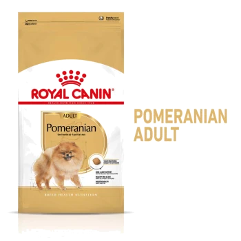 Royal Canin Pomeranian Adult Hundefutterbeutel mit einer flauschigen Pomeranian-Illustration, mit Text, der die rassespezifische Ernährung hervorhebt.