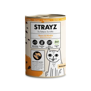 Blik STRAYZ natvoer voor katten met etiket 'Gans & Pompoen' (Gans & Kürbis), tekst 'Du fütterst. Du hilfst.', kattenillustratie en biologische pictogrammen.