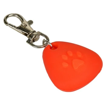 Étiquette pour animaux en silicone orange vif avec un design d'empreinte de patte, attachée à un clip en métal pour un attachement facile aux colliers ou aux laisses.