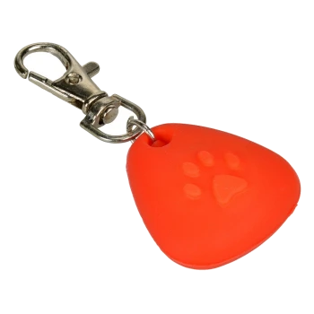 Étiquette pour animaux en silicone orange vif avec un design d'empreinte de patte, attachée à un clip en métal pour un attachement facile aux colliers ou aux laisses.