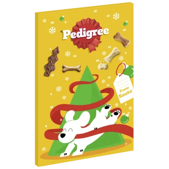 Pedigree Adventskalender mit Hundeleckerlis, einem weißen Hund, grünem Weihnachtsbaum, rotem Band und "Von Santa"-Anhänger auf gelbem Hintergrund.