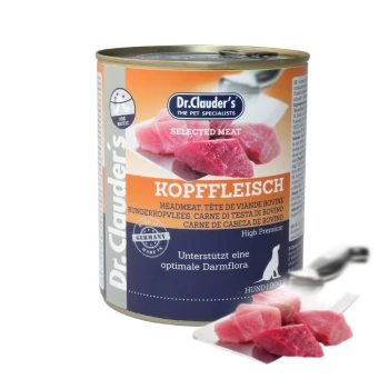 Dosenhundefutter "Dr. Clauder's Selected Meat," mit rohen Fleischstücken, als hochpremium für optimale Unterstützung der Darmflora gekennzeichnet.