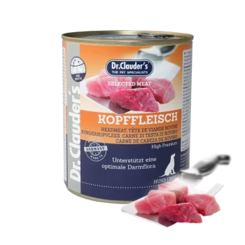 Dosenhundefutter "Dr. Clauder's Selected Meat," mit rohen Fleischstücken, als hochpremium für optimale Unterstützung der Darmflora gekennzeichnet.