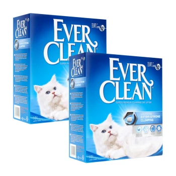 Extra Strong Clumping Katzenstreu, ohne Duft 2x10 l Zwei Boxen von Ever Clean super premium klumpendem Katzenstreu, mit einer weißen Katze auf der Verpackung, beschriftet "Unscented Extra Strong Clumping."