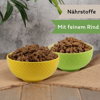 Zwei Schalen mit Haustierfutter, eine gelbe und eine grüne, gefüllt mit braunem, stückigem Fleisch. Der Text lautet "Nährstoffe" und "Mit feinem Rind."