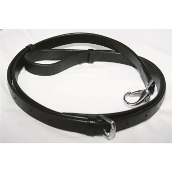 Schwarze Leder-Hundeleine mit einem silbernen Metallclip, flach auf einem weißen Hintergrund ausgelegt.