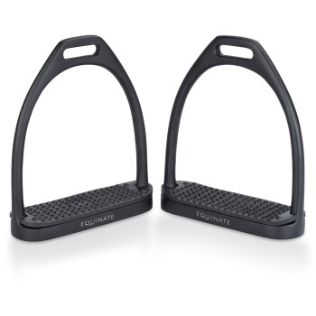 Schwarze Reitsteigbügel mit strukturierten Fußbetten, mit dem Markennamen "EQUINATE" deutlich angezeigt.