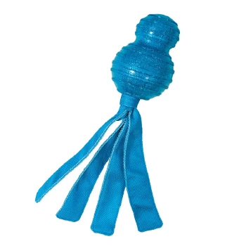 Wubba Comet Bright blue pet toy with a textured round top and long satin ribbons hanging down, ideal for dogs to chew and play with.