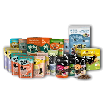 Bunte "Lucky Lou" Haustierfutterprodukte in Beuteln und Schachteln, mit Cartoon-Katzen und deutschem Text.