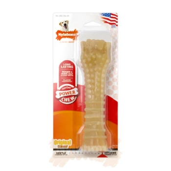 Nylabone Power Chew dog toy in original flavor for strong chewers, featuring ridges for dental cleaning and "Long Lasting" label.