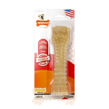 Nylabone Power Chew dog toy in original flavor for strong chewers, featuring ridges for dental cleaning and "Long Lasting" label.
