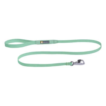 Eine mintgrüne Hundeleine mit einem stabilen Clip und einem Anhänger, der das "RUFFWEAR"-Logo zeigt.