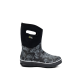 Schwarze Gummistiefel mit floralem Muster, mit einem schwarzen Neopren-Obermaterial und einem Zugband, mit einer strukturierten Sohle für besseren Halt.