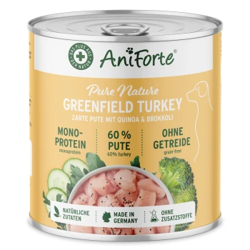 Dosenfutter für Haustiere mit der Aufschrift "AniForte Pure Nature Greenfield Turkey", das 60 % Truthahn, Quinoa und Brokkoli enthält, getreidefrei, hergestellt in Deutschland.