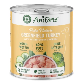 Dosenfutter für Haustiere mit der Aufschrift "AniForte Pure Nature Greenfield Turkey", das 60 % Truthahn, Quinoa und Brokkoli enthält, getreidefrei, hergestellt in Deutschland.