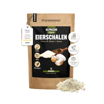 Verpackung von ALPHAZOO Care Eierschalen, einem natürlichen Eierschalenpulver für Hunde und Katzen, mit deutschem Text, der sagt: "Ich bin kompostierbar!"