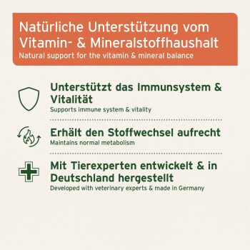 'Natürliche Unterstützung vom Vitamin- & Mineralstoffhaushalt' – unterstützt das Immunsystem; Hergestellt in Deutschland.