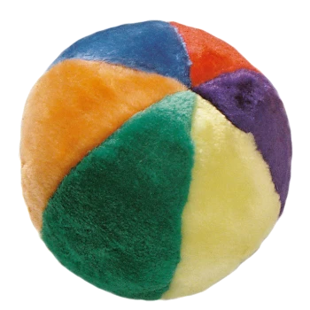 Buntes Plüsch-Haustierballspielzeug mit sechs Abschnitten in Orange, Grün, Gelb, Lila, Blau und Rot.