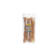 Klarer Plastikbeutel, der fünf lange Kaninchenhaut-Rollen als Hundeleckerlis enthält, Etikett mit der Aufschrift „MEGA PACK“ und „Rabbit Skin Rolls“