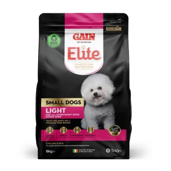 Gain Elite Complete Dog Nutrition bag for small dogs, 6kg, featuring a fluffy white dog on the front, labeled "Light" for overweight dogs under 20kg.