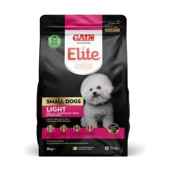 Gain Elite Complete Dog Nutrition bag for small dogs, 6kg, featuring a fluffy white dog on the front, labeled "Light" for overweight dogs under 20kg.