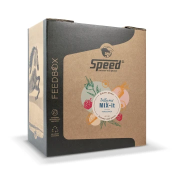 Kartonbox mit der Aufschrift "Speed" und einem Pferdegrafik, mit "leckerer Mix MIX-it" und bunten Obst- und Gemüseillustrationen.